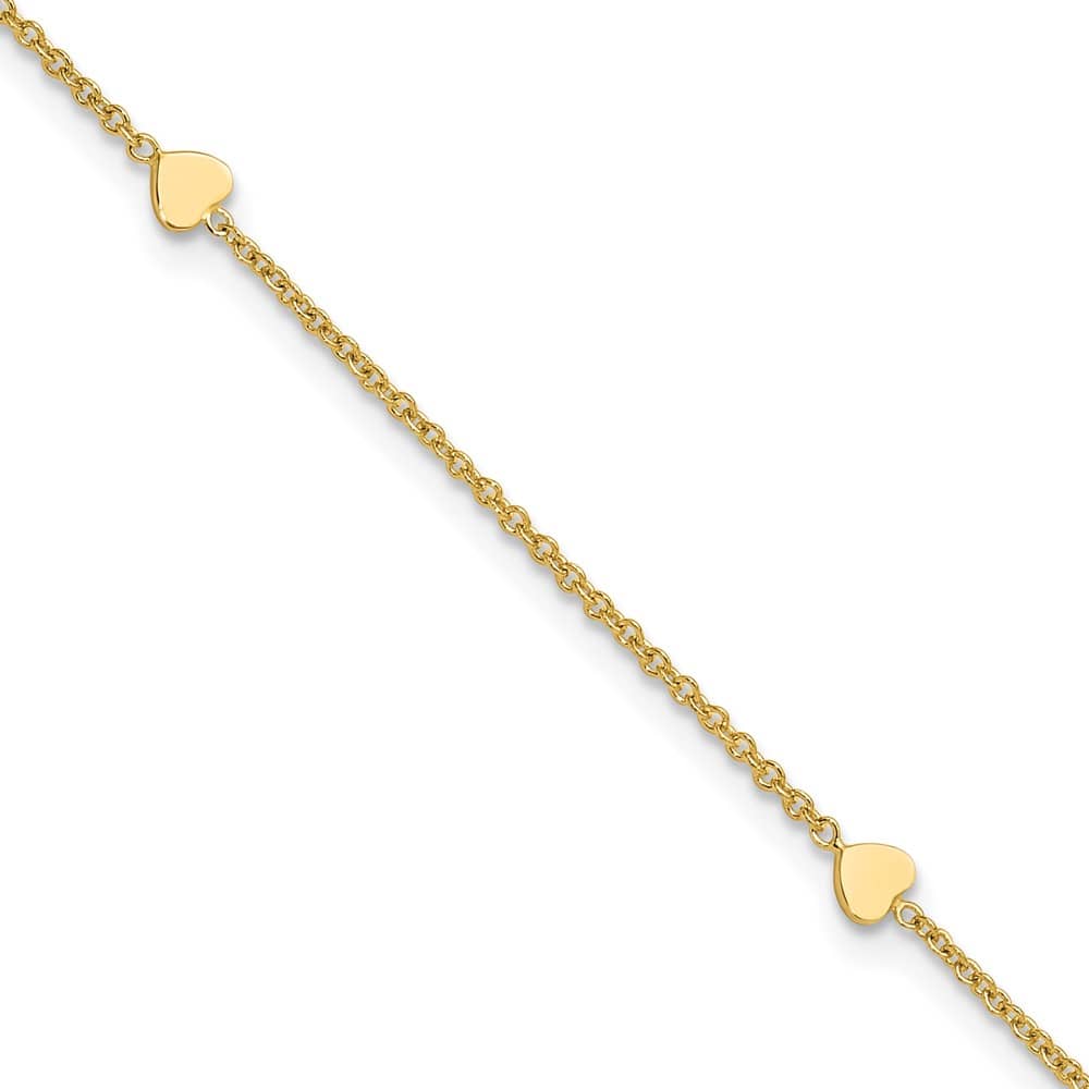 14K Yellow Gold Polished Hearts 4-Station Anklet — solid 14K yellow gold, 10 inches long, 1 inch extension, 1.42 mm wide, lobster clasp, 2.11 g