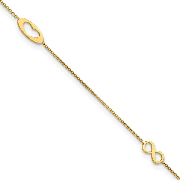 14K Yellow Gold Polished Infinity and Heart Anklet — solid 14K yellow gold, 9 inches long, 0.9 mm wide, spring ring clasp, 1.40 g