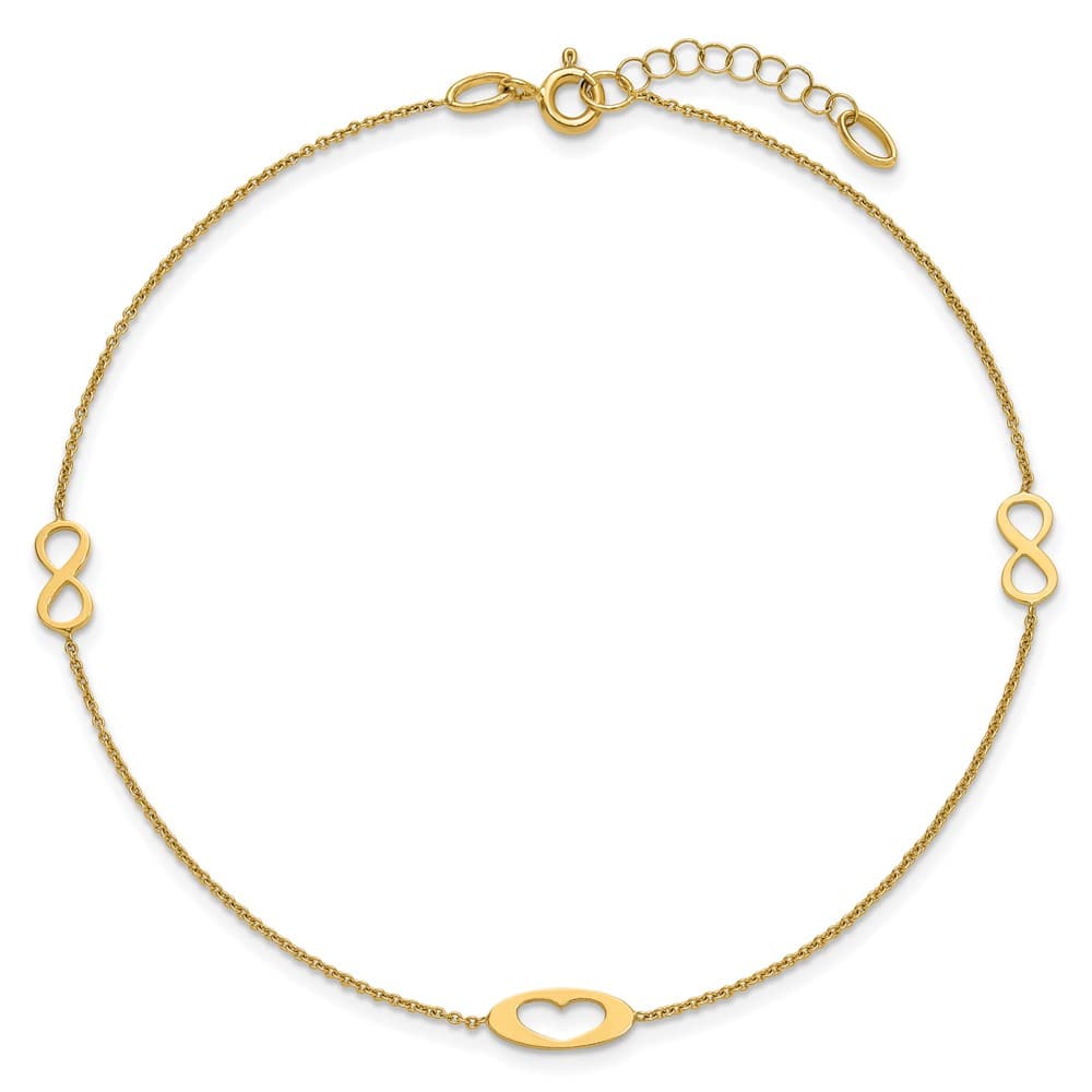 14K Yellow Gold Polished Infinity and Heart Anklet