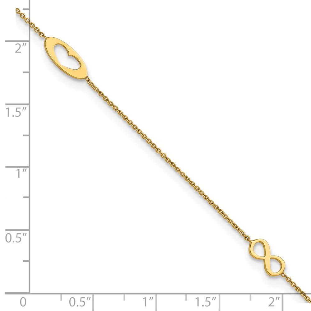 14K Yellow Gold Polished Infinity and Heart Anklet