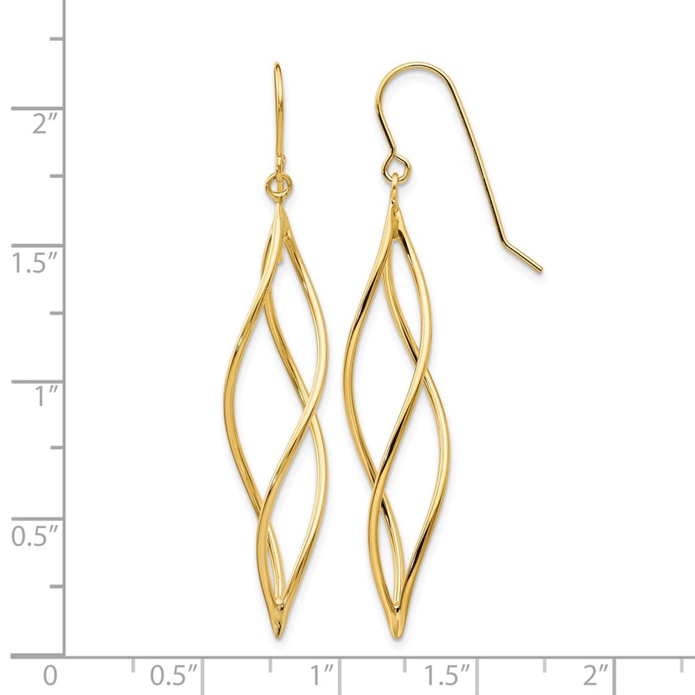 14K Yellow Gold Polished Long Twisted Swirl Drop French Hook Earrings, view 4 of 4