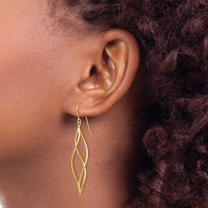 14K Yellow Gold Polished Long Twisted Swirl Drop French Hook Earrings, view 3 of 4