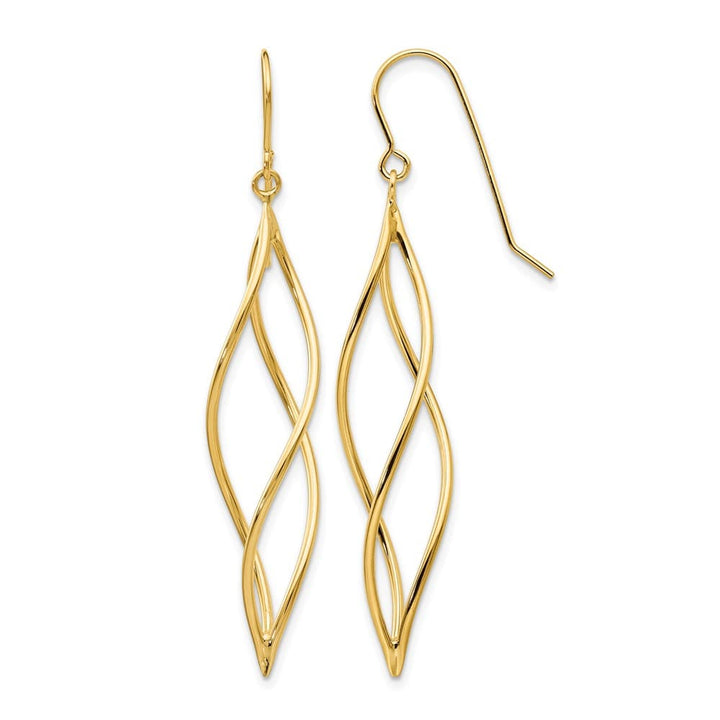 14K Yellow Gold Polished Long Twisted Swirl Drop French Hook Earrings, view 1 of 4