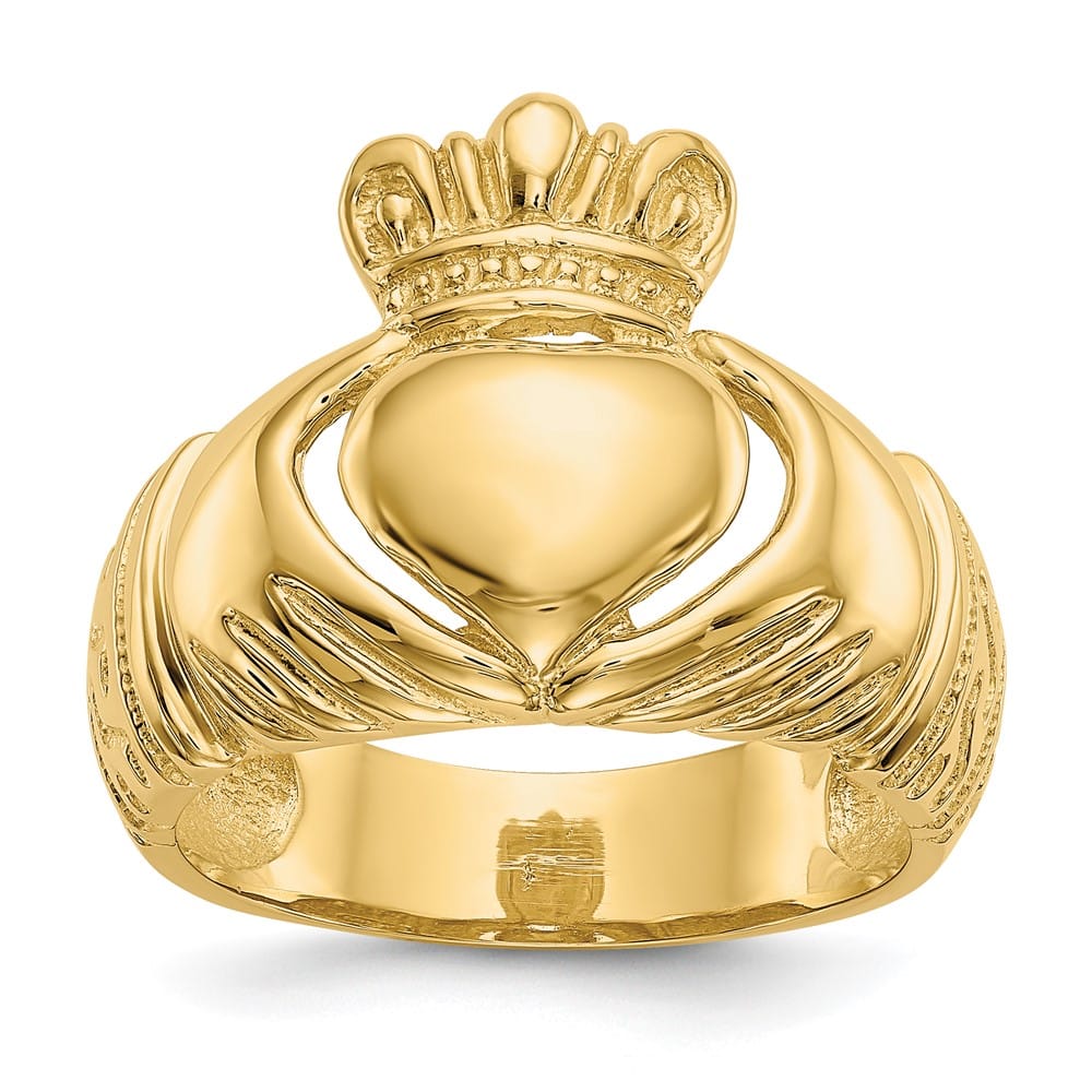 14k Yellow Gold Polished Men's Domed Claddagh Ring