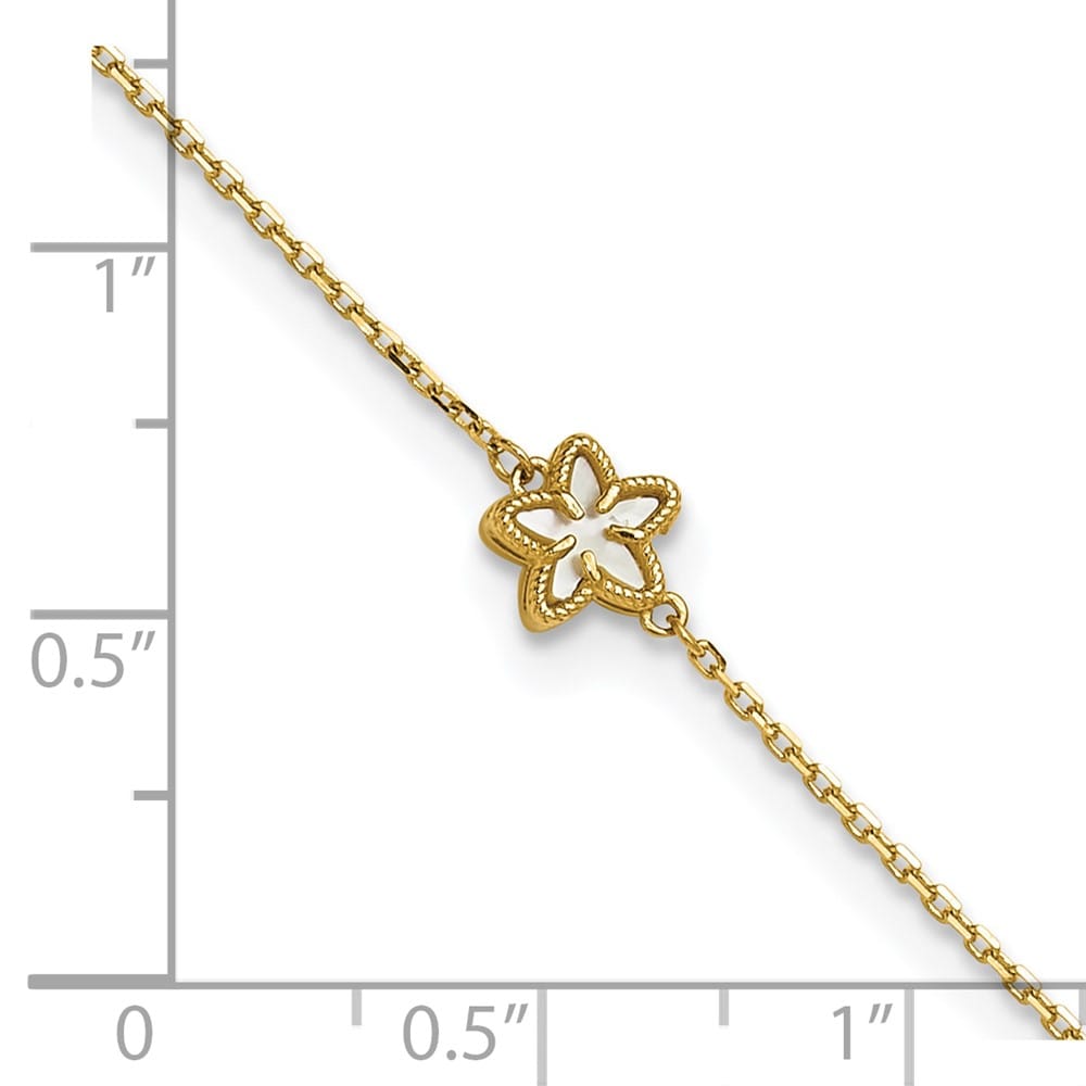 14K Yellow Gold Polished Mother of Pearl Flower Anklet