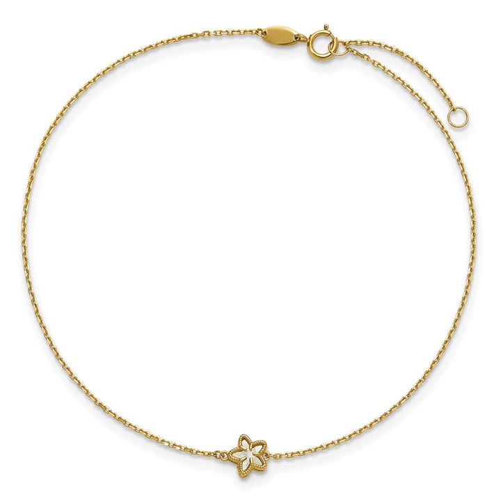 14K Yellow Gold Polished Mother of Pearl Flower Anklet