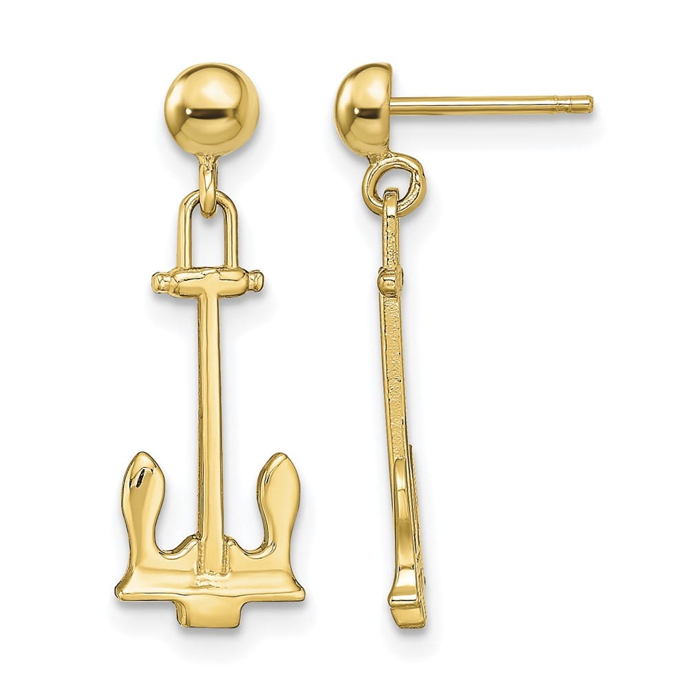 14K Yellow Gold Polished Navy T-bar Anchor Dangle Post Earrings, view 1 of 4