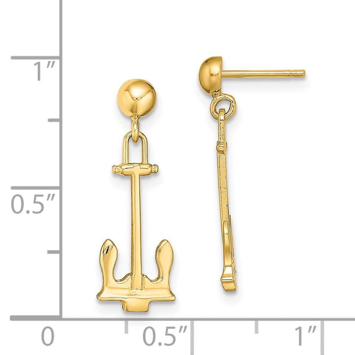 14K Yellow Gold Polished Navy T-bar Anchor Dangle Post Earrings, view 4 of 4