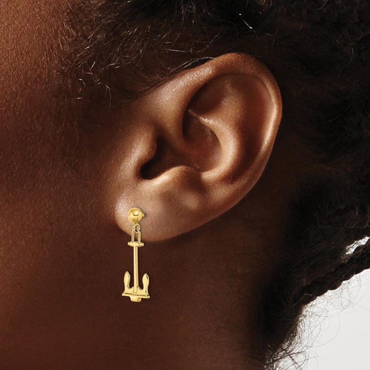 14K Yellow Gold Polished Navy T-bar Anchor Dangle Post Earrings, view 3 of 4