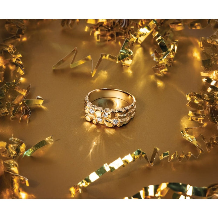 14k Yellow Gold Polished Nugget Texture I1 Quality Diamond Men's Ring