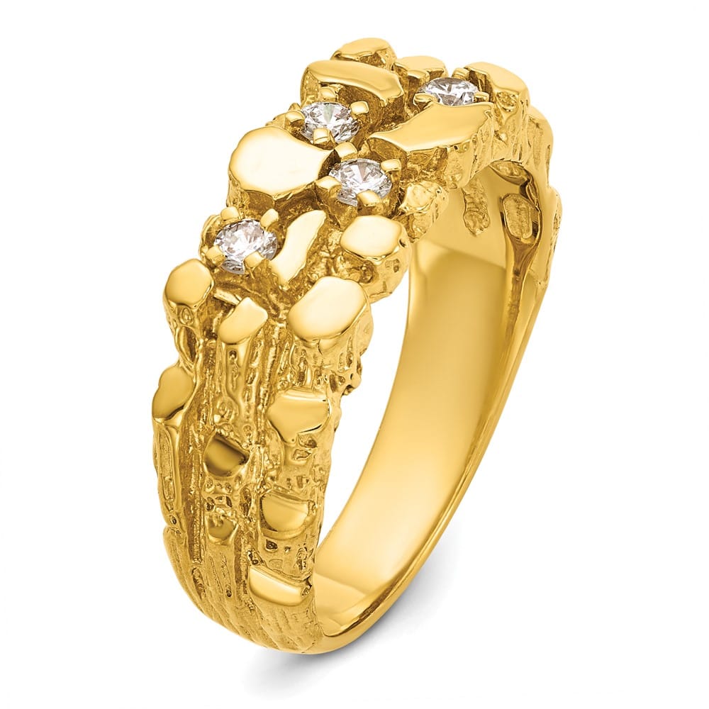 14k Yellow Gold Polished Nugget Texture I1 Quality Diamond Men's Ring