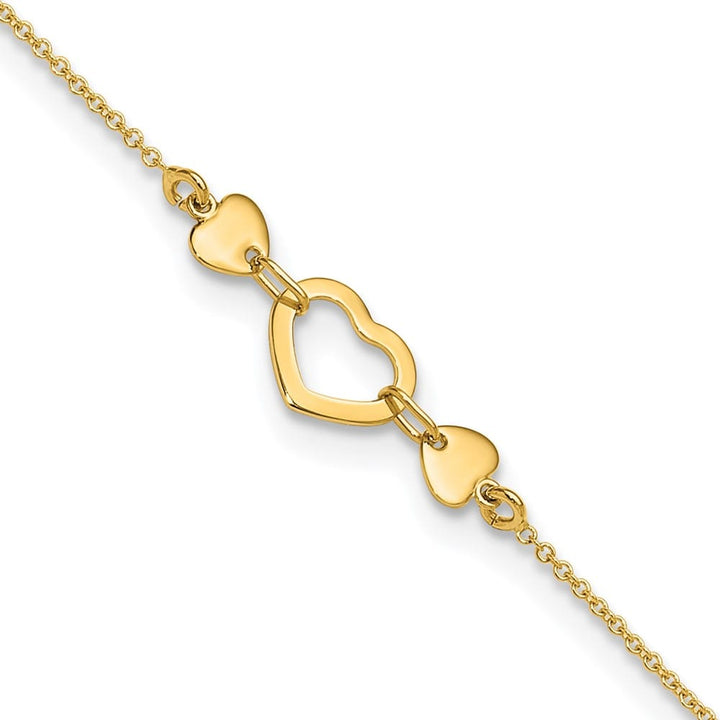 14K Yellow Gold Polished Open Heart Anklet — solid 14K yellow gold, 10 inches long, 0.75 inch extension, 0.6 mm wide, spring ring clasp, 1.40 g