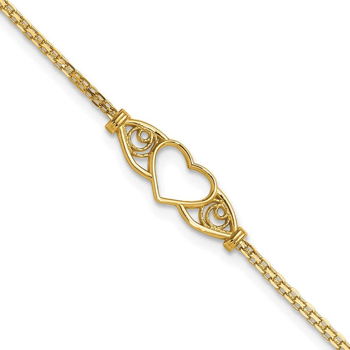 14K Yellow Gold Polished Open Heart with Filigree and Bismark Anklet — solid 14K yellow gold, 9 inches long, lobster clasp, 2.42 g