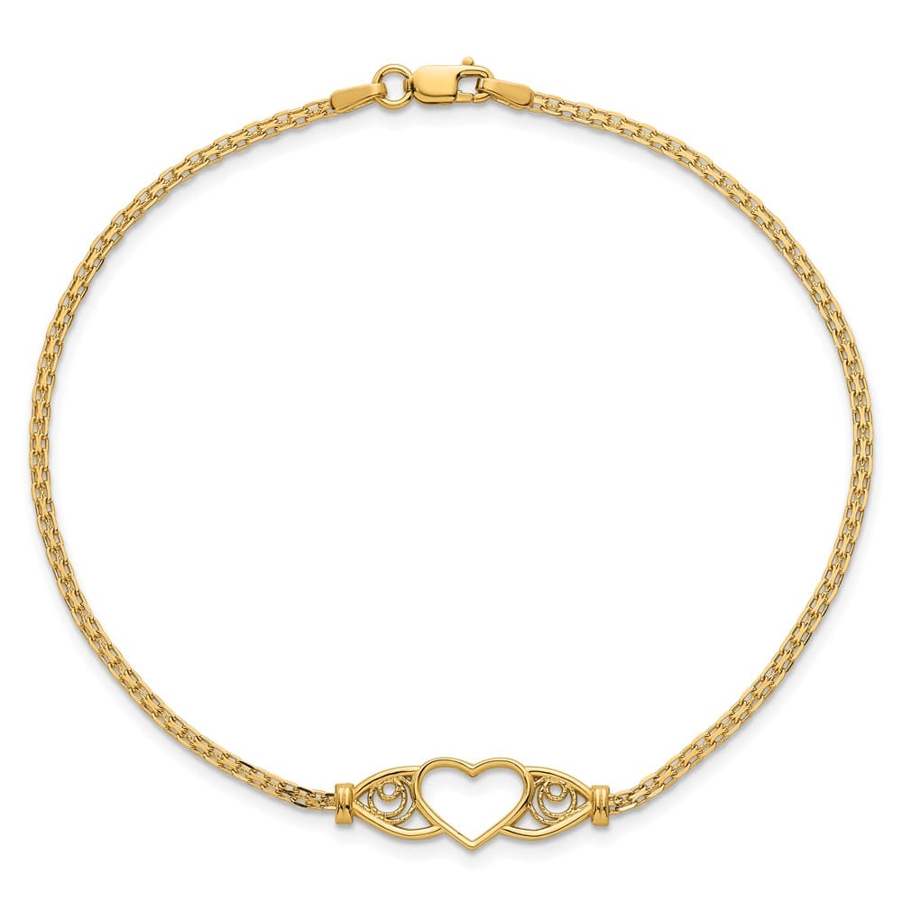 14K Yellow Gold Polished Open Heart with Filigree and Bismark Anklet