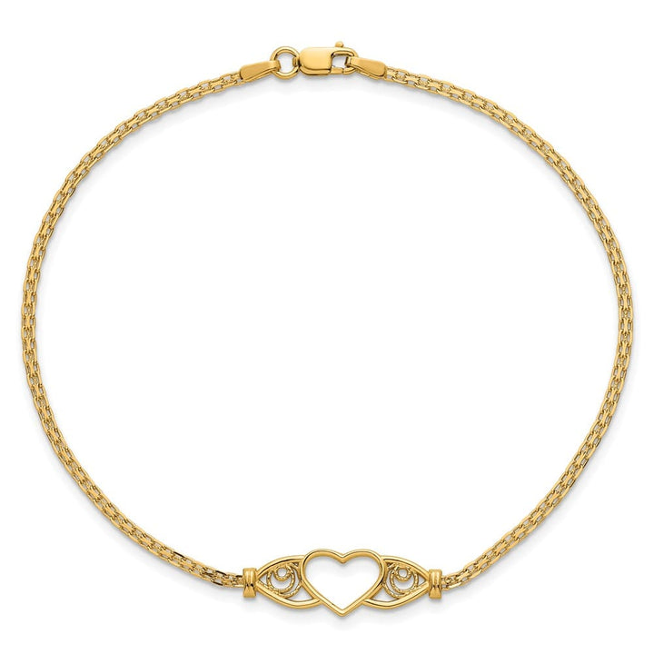 14K Yellow Gold Polished Open Heart with Filigree and Bismark Anklet