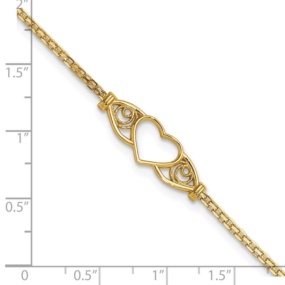 14K Yellow Gold Polished Open Heart with Filigree and Bismark Anklet