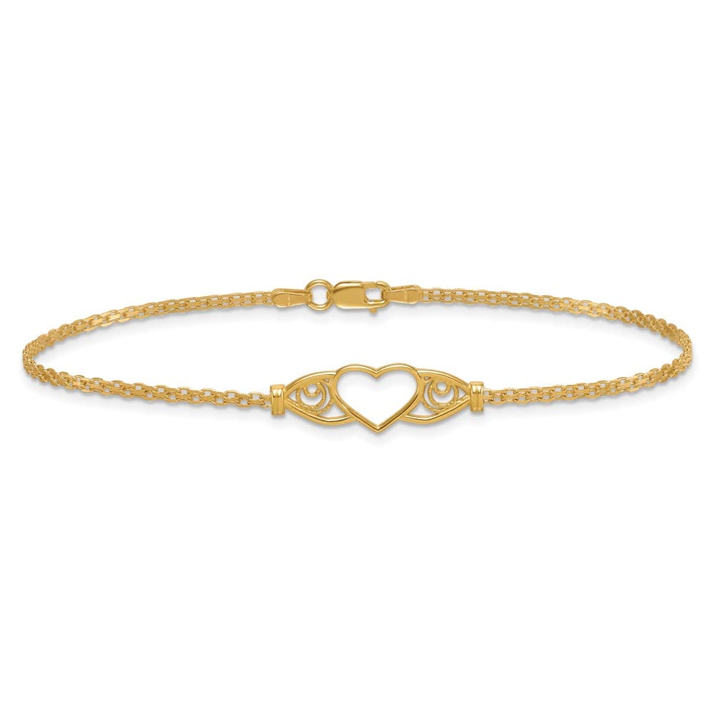 14K Yellow Gold Polished Open Heart with Filigree and Bismark Anklet
