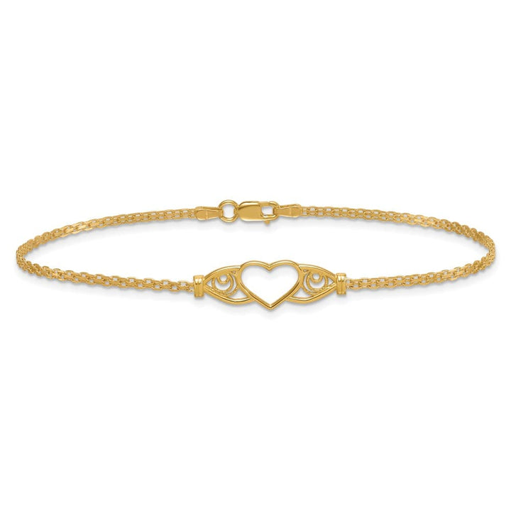 14K Yellow Gold Polished Open Heart with Filigree and Bismark Anklet