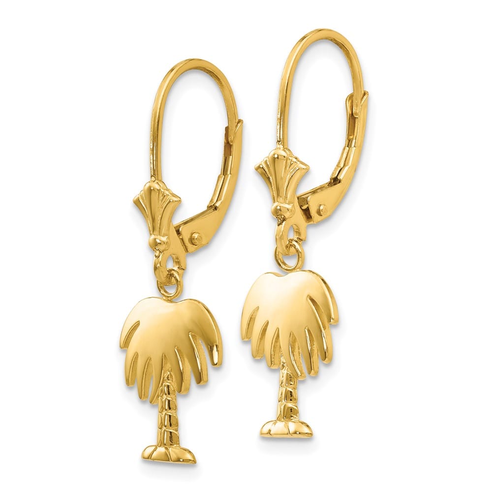 14K Yellow Gold Polished Palm Tree Dangle Leverback Earrings, view 2 of 4