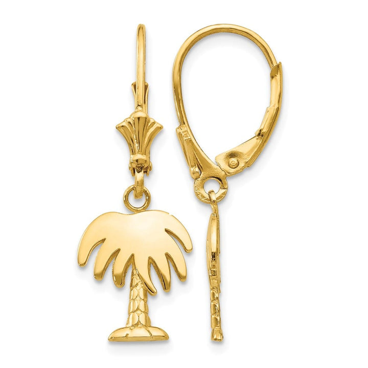 14K Yellow Gold Polished Palm Tree Dangle Leverback Earrings, view 1 of 4