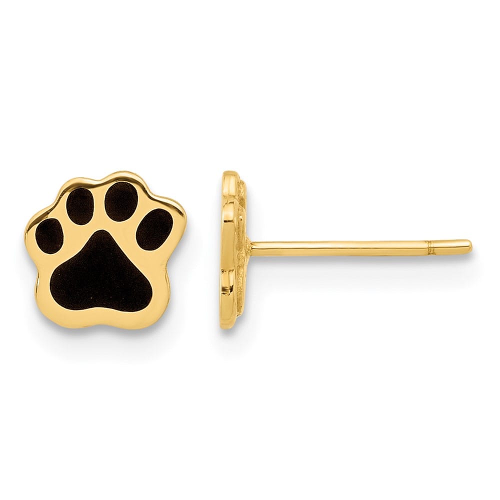 14K Yellow Gold Polished Paw with Black Enamel Post Earrings, view 1 of 4