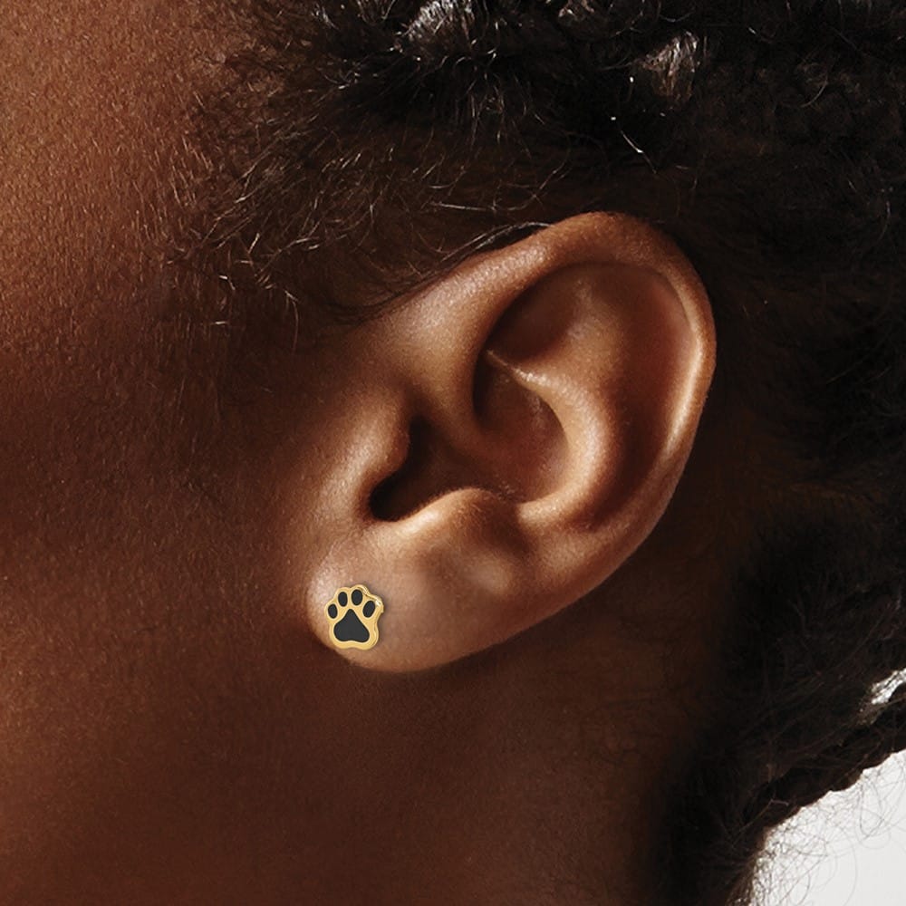 14K Yellow Gold Polished Paw with Black Enamel Post Earrings, view 3 of 4