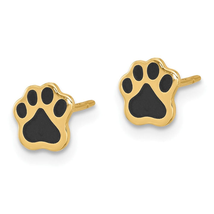 14K Yellow Gold Polished Paw with Black Enamel Post Earrings, view 2 of 4