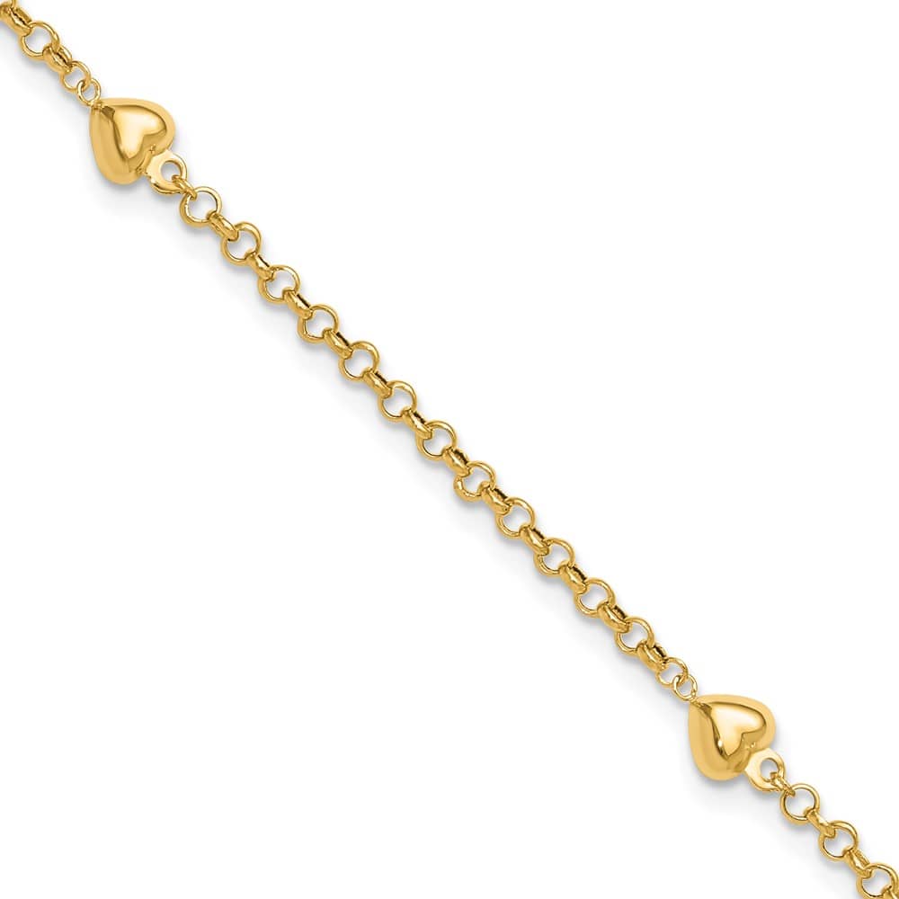 14K Yellow Gold Polished Puffed Heart 3-Station Anklet — solid 14K yellow gold, 9 inches long, 2.85 mm wide, spring ring clasp, 1.84 g