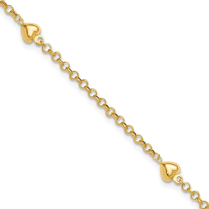 14K Yellow Gold Polished Puffed Heart 3-Station Anklet — solid 14K yellow gold, 9 inches long, 2.85 mm wide, spring ring clasp, 1.84 g