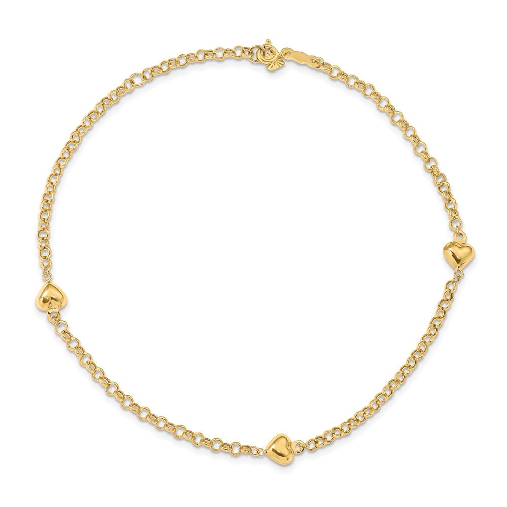 14K Yellow Gold Polished Puffed Heart 3-Station Anklet