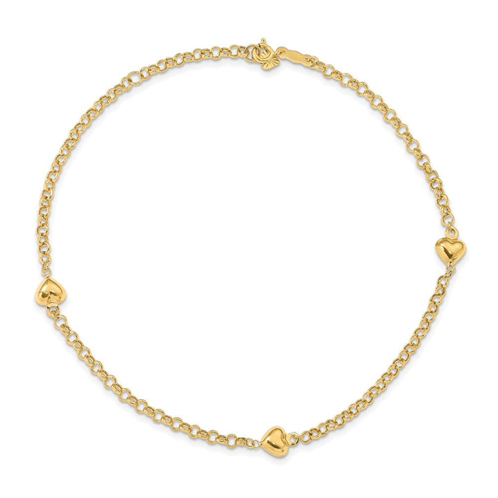 14K Yellow Gold Polished Puffed Heart 3-Station Anklet