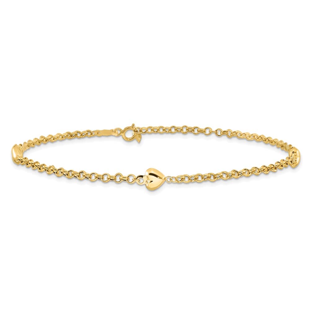 14K Yellow Gold Polished Puffed Heart 3-Station Anklet