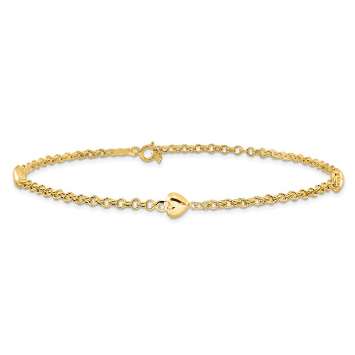 14K Yellow Gold Polished Puffed Heart 3-Station Anklet