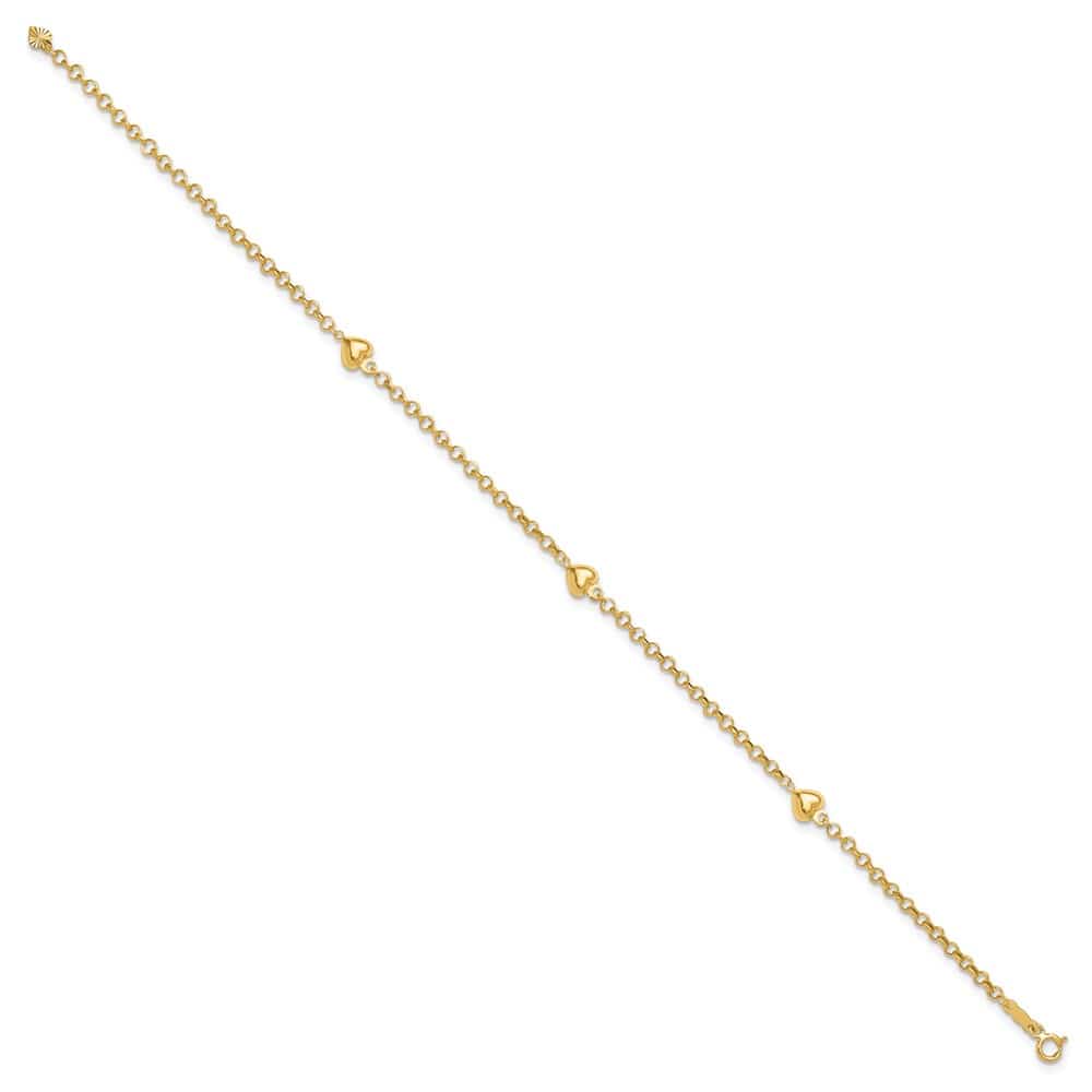 14K Yellow Gold Polished Puffed Heart 3-Station Anklet