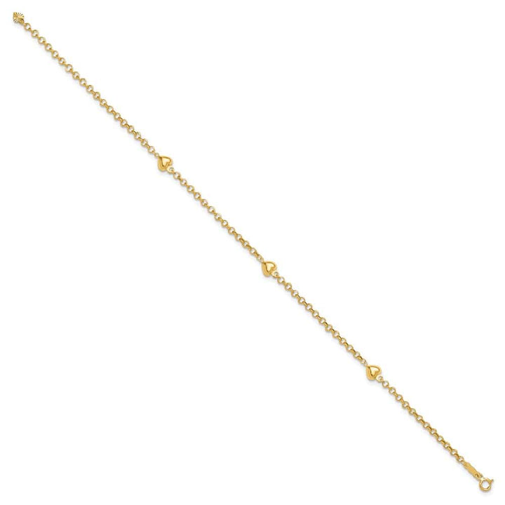 14K Yellow Gold Polished Puffed Heart 3-Station Anklet