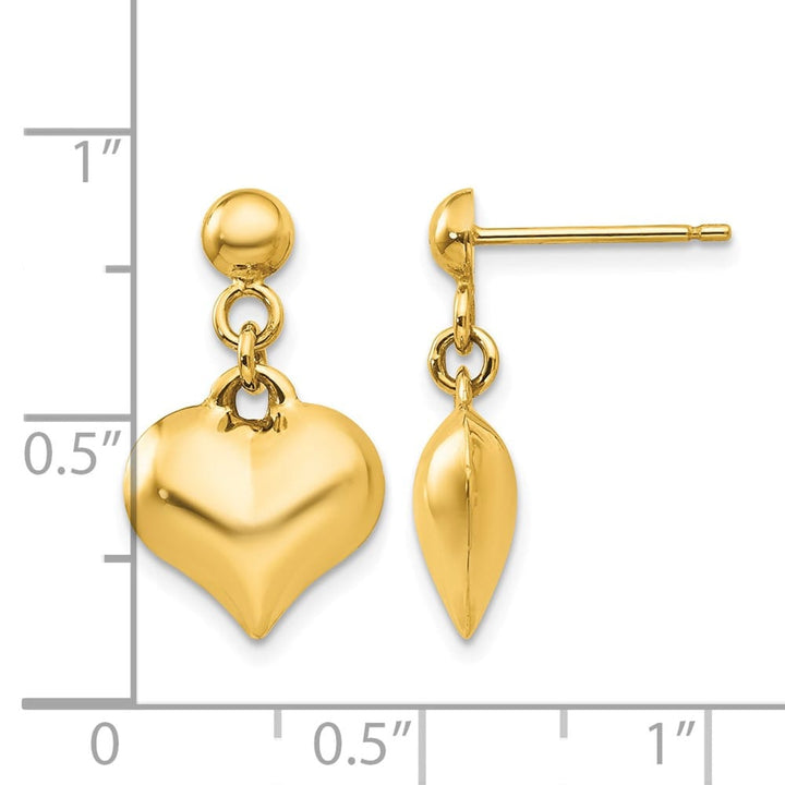 14K Yellow Gold Polished Puffed Heart Dangle Post Earrings, view 4 of 4