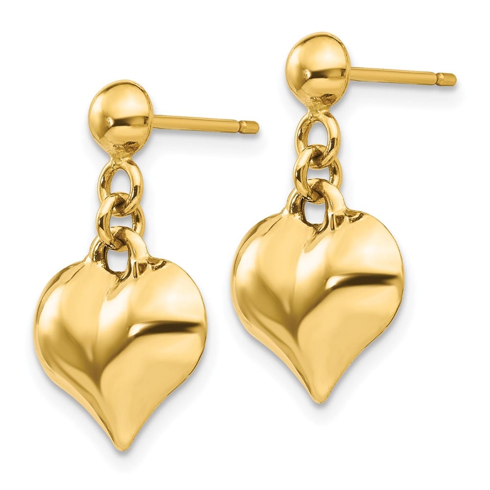 14K Yellow Gold Polished Puffed Heart Dangle Post Earrings, view 2 of 4