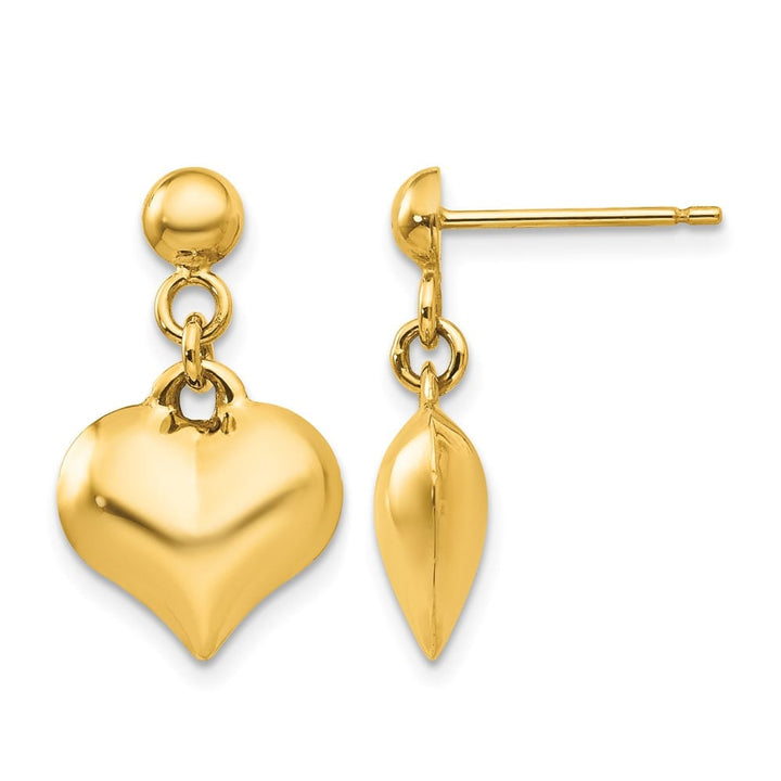 14K Yellow Gold Polished Puffed Heart Dangle Post Earrings, view 1 of 4