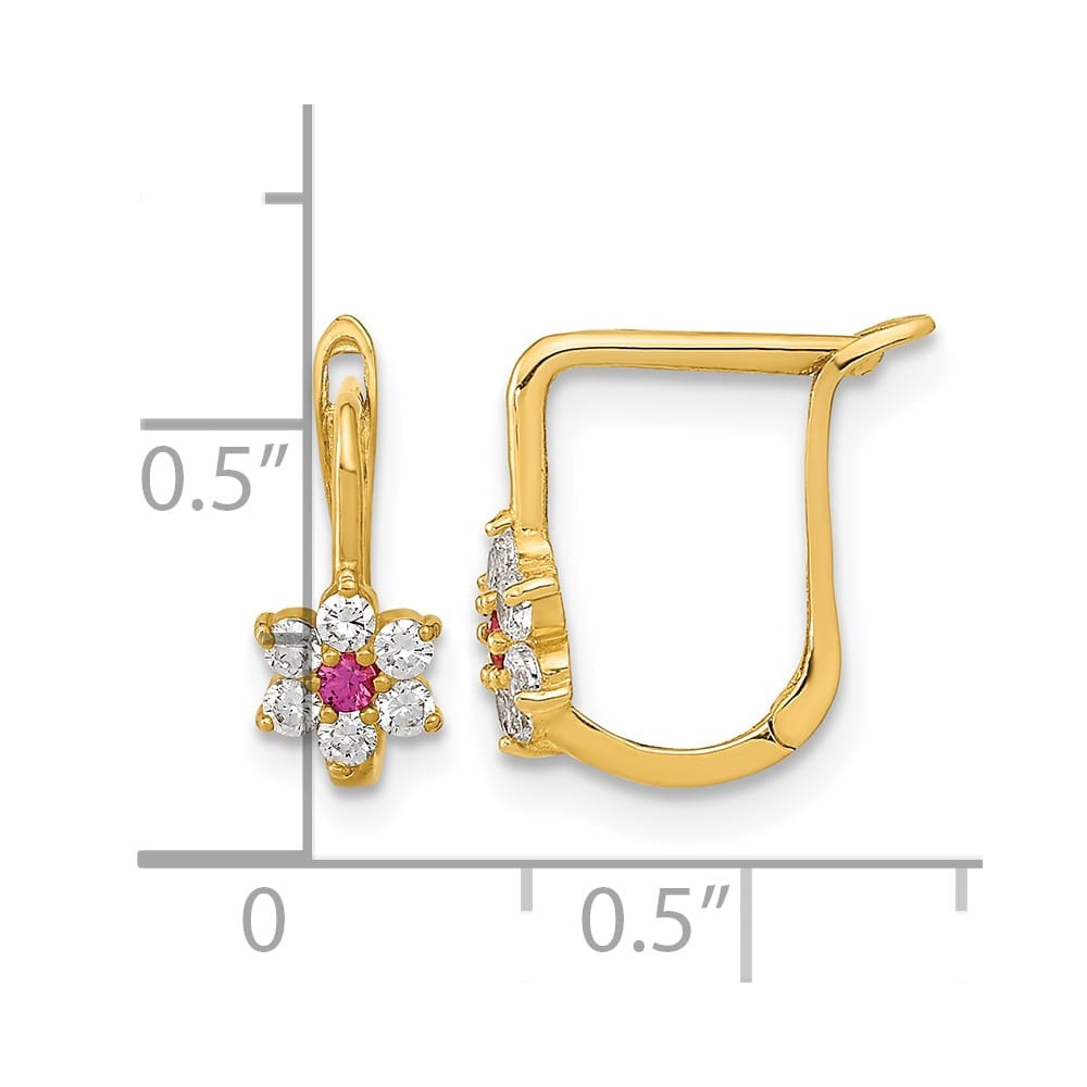 14K Yellow Gold Polished Red and White CZ Flower Hoop Earrings, view 4 of 4