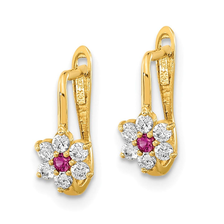 14K Yellow Gold Polished Red and White CZ Flower Hoop Earrings, view 2 of 4