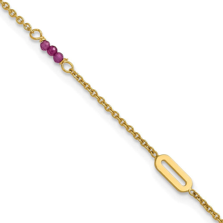 14K Yellow Gold Polished Red Corundum Beads and Ovals Anklet — solid 14K yellow gold, 9 inches long, 1 inch extension, 1.4 mm wide, lobster clasp, 2.10 g