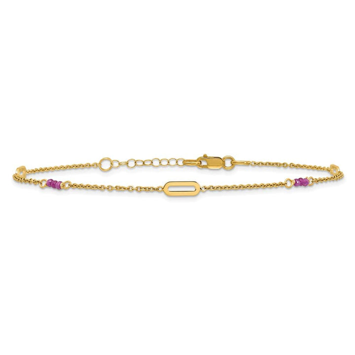 14K Yellow Gold Polished Red Corundum Beads and Ovals Anklet