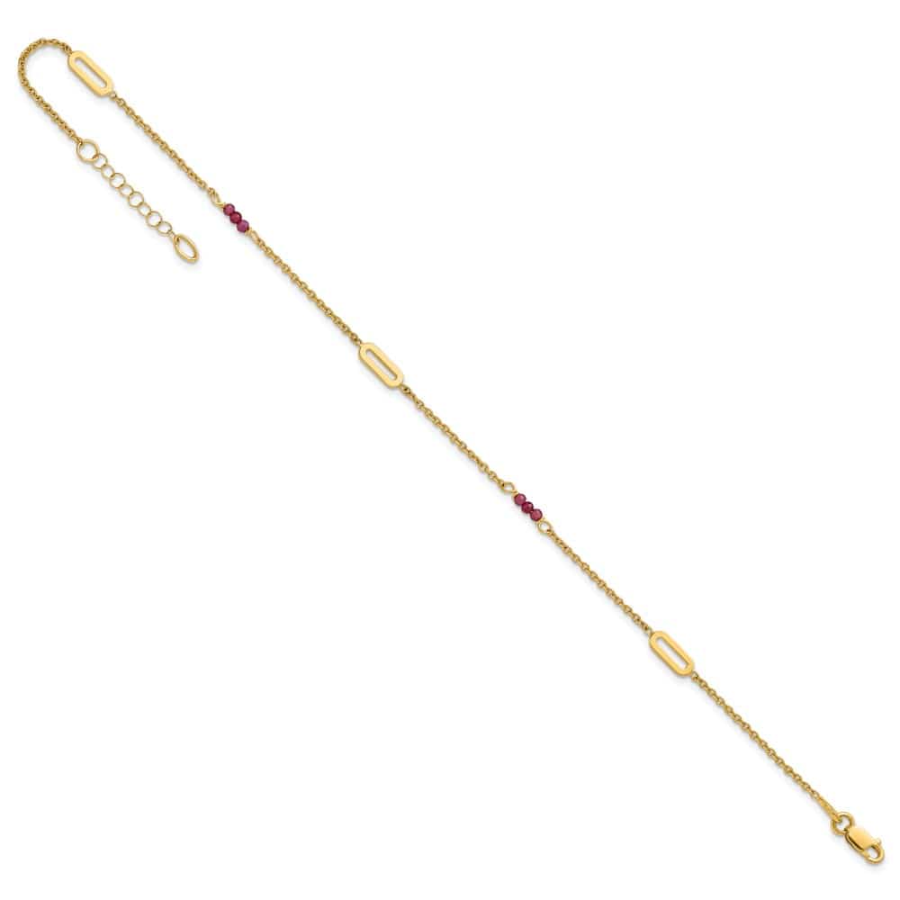 14K Yellow Gold Polished Red Corundum Beads and Ovals Anklet