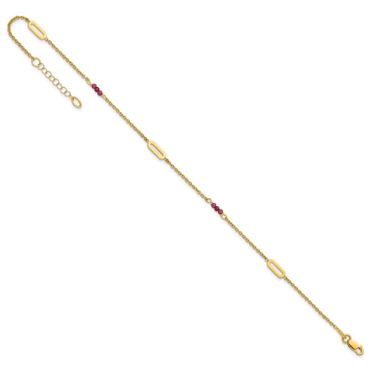 14K Yellow Gold Polished Red Corundum Beads and Ovals Anklet