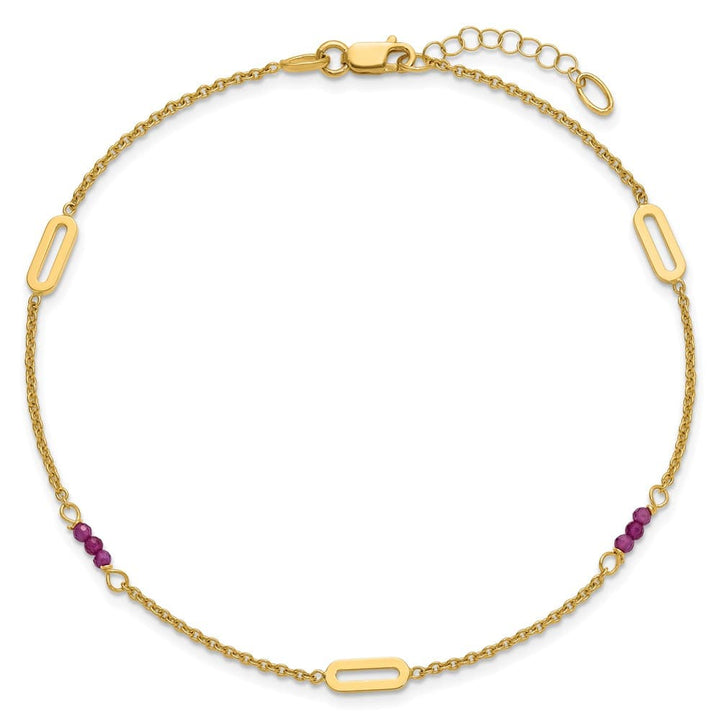 14K Yellow Gold Polished Red Corundum Beads and Ovals Anklet
