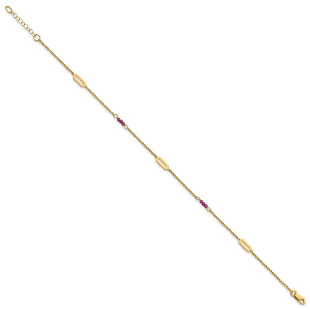 14K Yellow Gold Polished Red Corundum Beads and Ovals Anklet