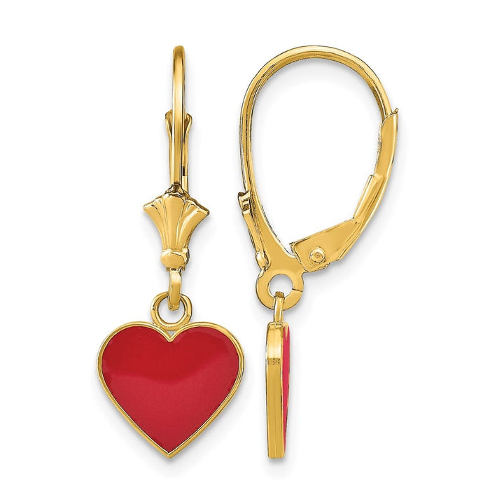 14K Yellow Gold Polished Red Enameled Heart Dangle Leverback Earrings, view 1 of 4