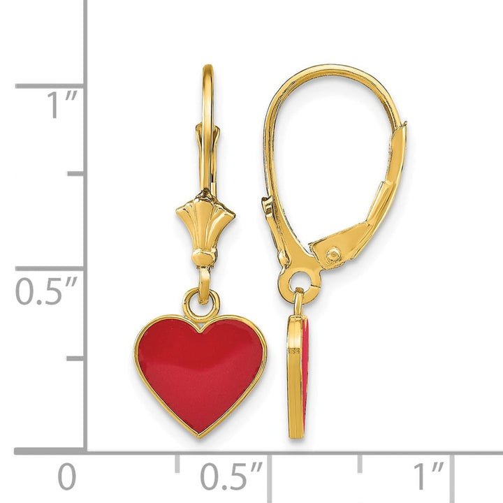 14K Yellow Gold Polished Red Enameled Heart Dangle Leverback Earrings, view 4 of 4