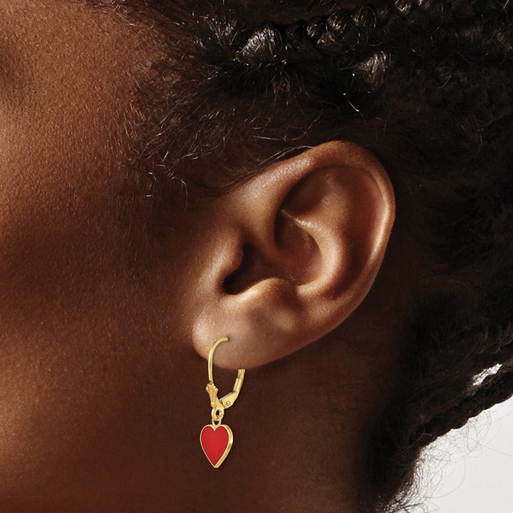 14K Yellow Gold Polished Red Enameled Heart Dangle Leverback Earrings, view 3 of 4