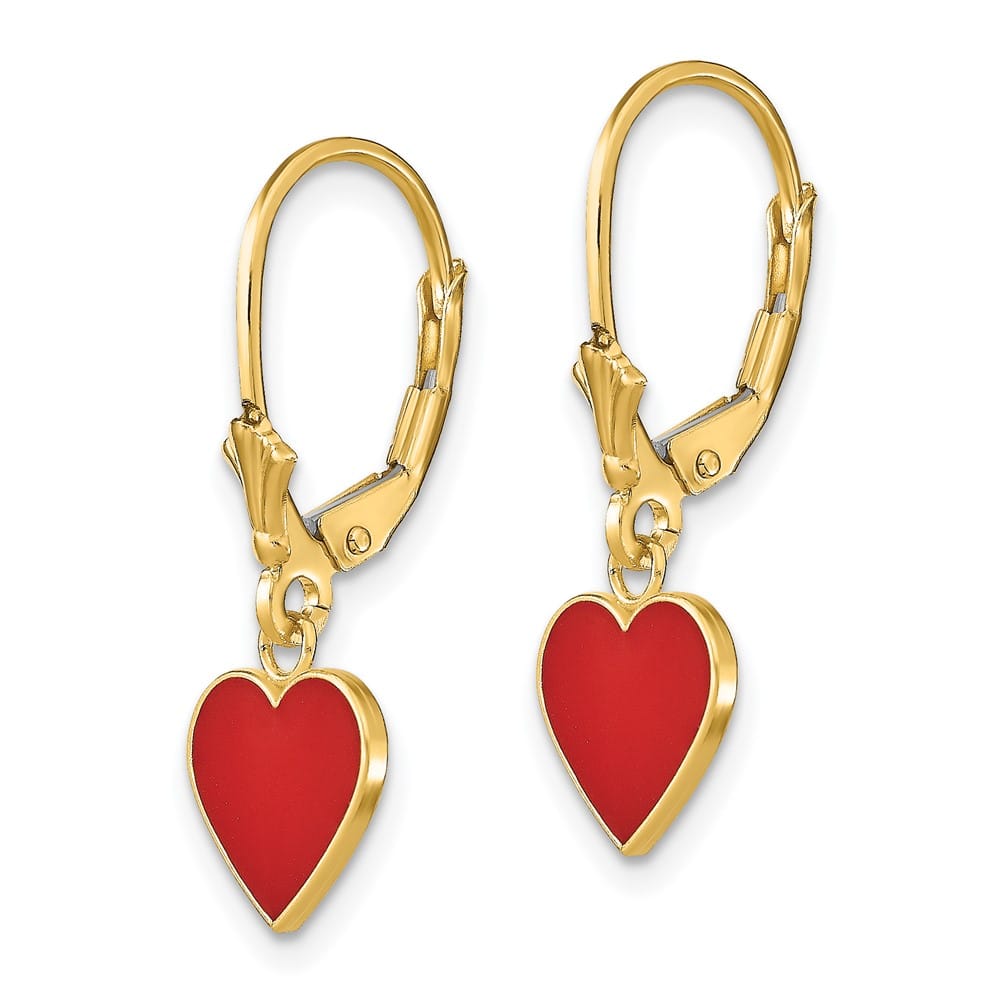 14K Yellow Gold Polished Red Enameled Heart Dangle Leverback Earrings, view 2 of 4